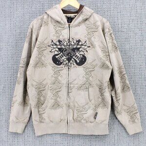 Vintage Silver Point Hoodie Mens XL Beige Full Zip Guitars Embroidered Rare Y2k